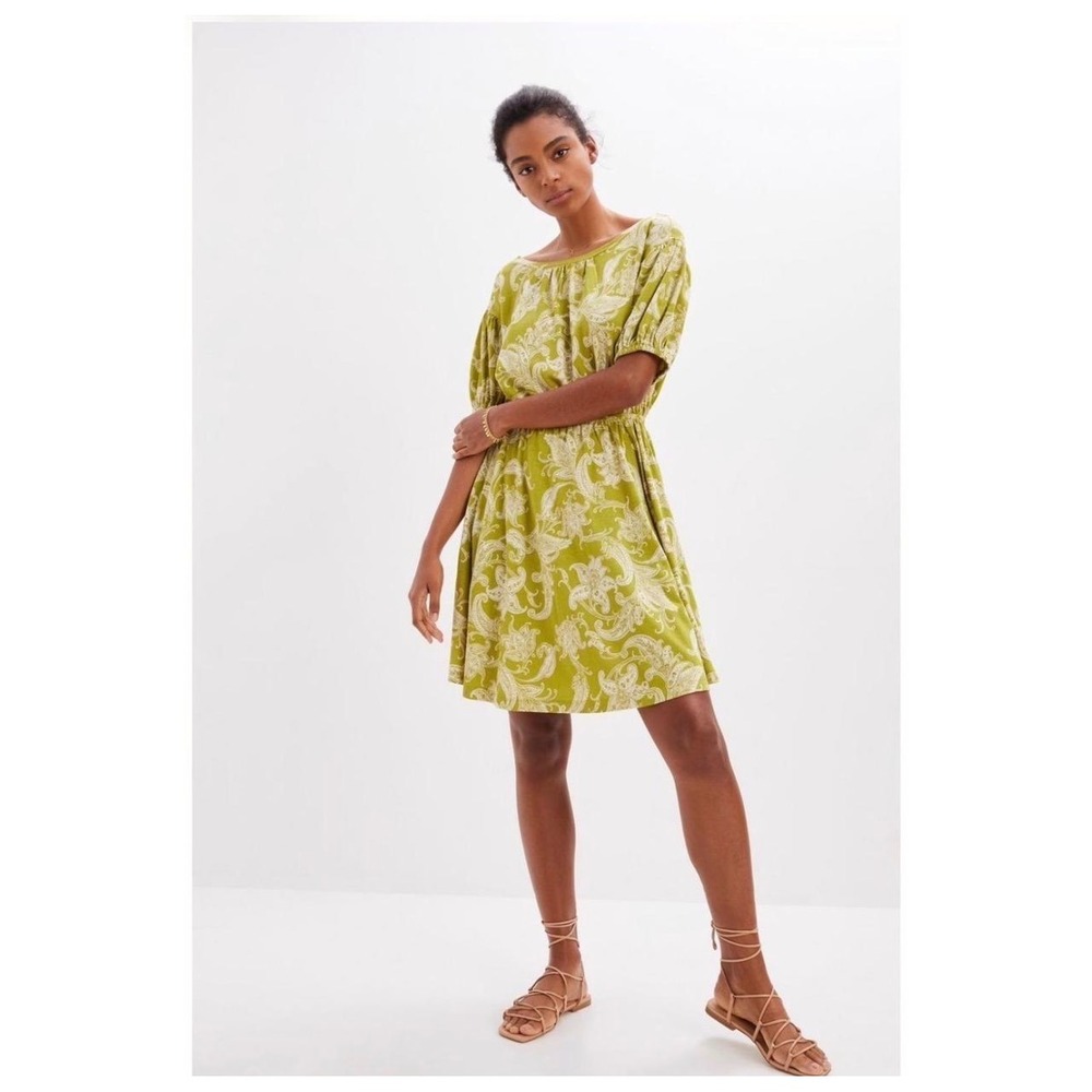 Anthropology Daily Practice Green Paisley Cotton Modal Puff Sleeve Dress Large